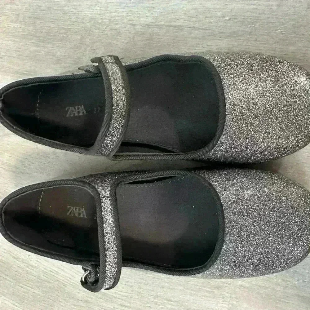 ZARA Kids Girls Silver Glitter Mary Jane Shoes Sparkle Buckle Strap Size 27 us 9